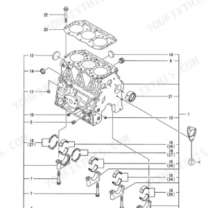 Yanmar TB28FR 3TNE82A-ETBZ exploded view diagram of the engine cylinder block, main bearings, and mounting bolts.
