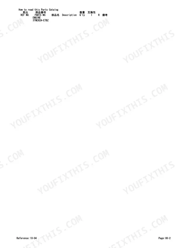 Yanmar TB28FR 3TNE82A-ETBZ parts catalog page explaining how to read reference numbers, part numbers, and descriptions.