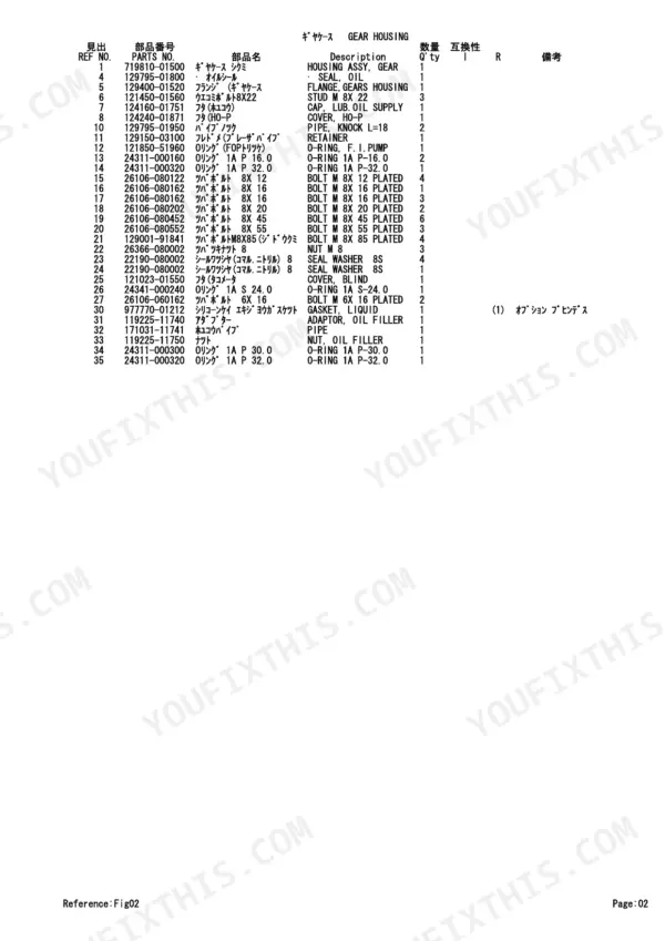 Yanmar TB28FR 3TNE82A-ETBZ gear housing parts list table with reference numbers, part numbers, and descriptions.