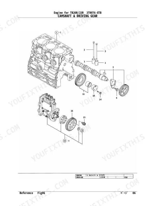 Yanmar TB2OR/23R, 3TNV76-XTB, TB20R/23R exploded view of engine camshaft and driving gear components.
