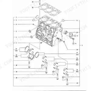 Yanmar TB2OR/23R, 3TNV76-XTB, TB20R/23R exploded view diagram of the engine cylinder block and main bearing assembly.