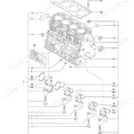 Yanmar TL120, 4TNV84T-XTBL cylinder block exploded view showing engine block, main bearings, and head gasket components.