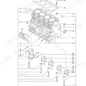 Yanmar TL120, 4TNV84T-XTBL cylinder block exploded view showing engine block, main bearings, and head gasket components.