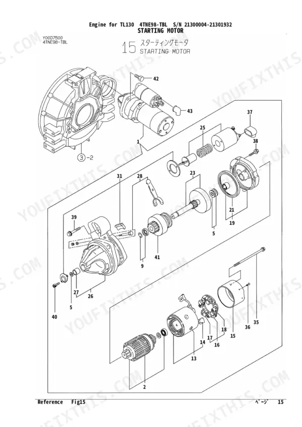 Yanmar 4TNE98-TBL exploded view diagram of the starting motor assembly components.