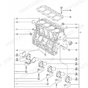 Yanmar 4TNE98-TBL exploded view diagram of the engine cylinder block and main bearings.