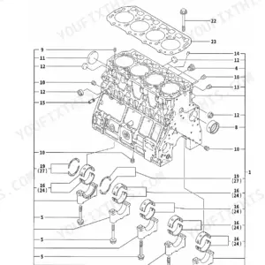 Yanmar TL150, 4TNE106T-TBL exploded view diagram of the cylinder block, main bearings, and head gasket components.