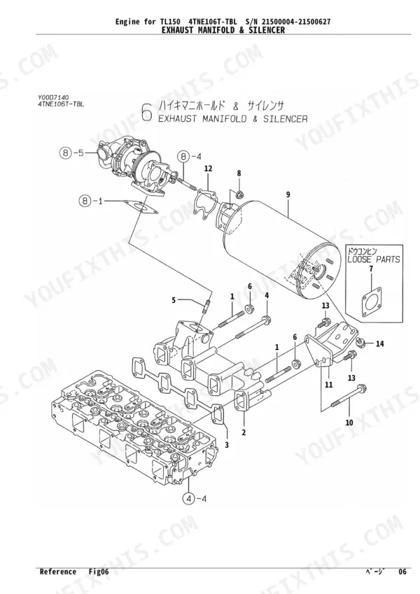 Yanmar TL150, 4TNE106T-TBL exploded view diagram of the exhaust manifold, silencer, and mounting hardware components.