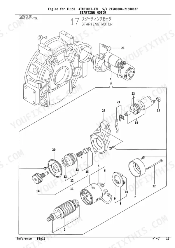 Yanmar TL150, 4TNE106T-TBL, 4TNV106T-XTBL, 4TNV106T-XTBL1 exploded view diagram of the engine starting motor assembly.