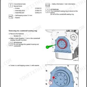 Yanmar V120 service manual: procedure for replacing the crankshaft sealing ring on the flywheel side with tool list.