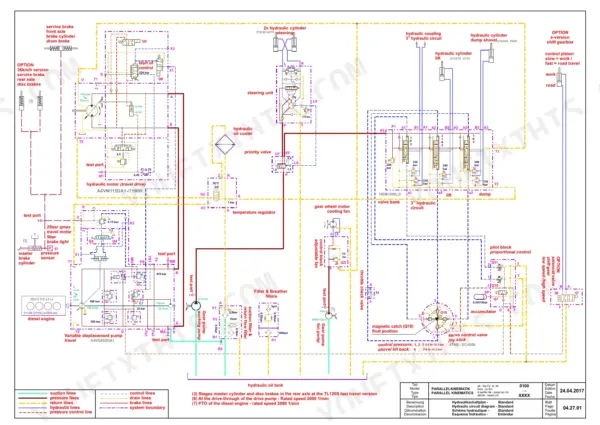 Yanmar V120 hydraulic circuit diagram showing travel drive, valve bank, steering unit, and pump system components.