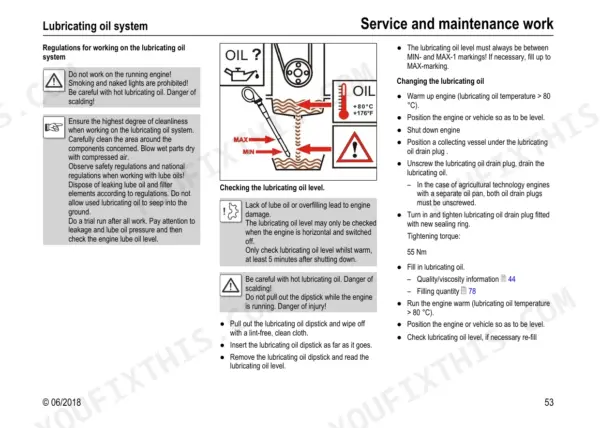 Yanmar V120 lubricating oil system maintenance, checking oil level, and oil change procedure with dipstick diagram.