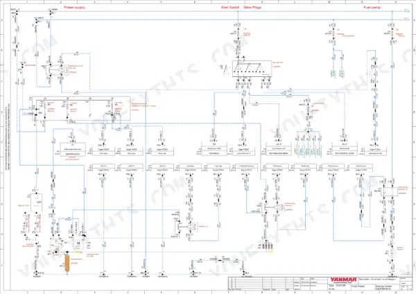 Yanmar V120 electrical wiring diagram showing power supply, start switch, glow plugs, fuel pump, and engine relay circuits.