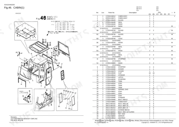 Yanmar V3-3 / V4-3 Wheel Loader cabin parts exploded view diagram and component list Fig 46