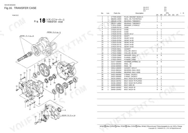 Yanmar V3-3 / V4-3 Wheel Loader transfer case exploded view diagram and parts list