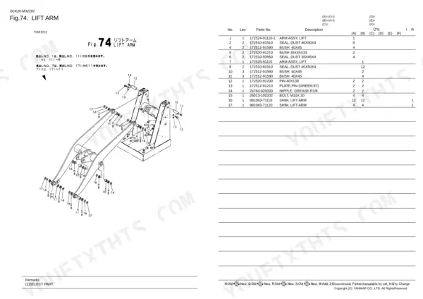 Yanmar V3-3 / V4-3 Wheel Loader lift arm exploded view diagram and parts list table