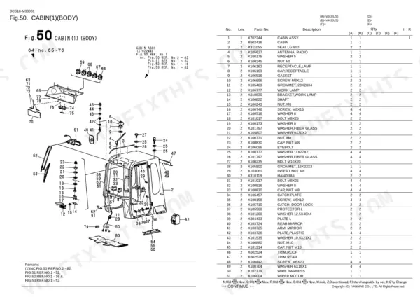 Yanmar V3-3, V4-3, V3-3 (US), V4-3 (US), 3TNE84-KAH, 3TNE84T-KAH exploded view diagram and parts list for cabin body.