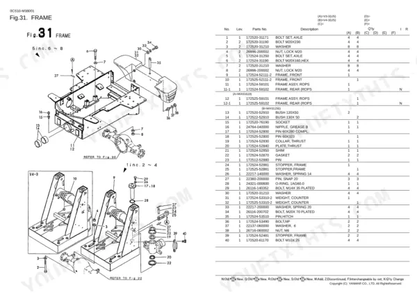 Yanmar V3-3, V4-3, V3-3 (US), V4-3 (US), 3TNE84-KAH, 3TNE84T-KAH frame exploded view parts diagram and list.