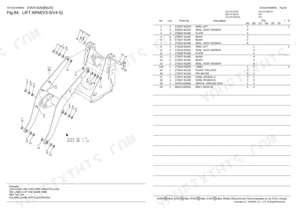 Yanmar V3-5, V4-5, V4-5A, V4-5B, 3TNE84-EKAH, 3TNE84T-EKAH, 3TNV84T-XKAH exploded view diagram and parts list for lift arm.