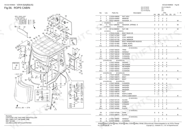 Yanmar V3-5, V4-5, V4-5A, V4-5B, 3TNE84-EKAH, 3TNE84T-EKAH, 3TNV84T-XKAH exploded view diagram and parts list for ROPS cabin.