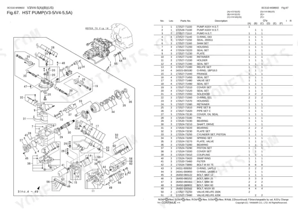 Yanmar V3-5, V4-5, V4-5A, V4-5B, 3TNE84-EKAH, 3TNE84T-EKAH, 3TNV84T-XKAH exploded view diagram and parts list for HST pump.