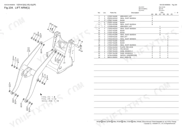 Yanmar V3-5, V4-5A, V5(-A) exploded view parts diagram for lift arm assembly, including bushings, seals, and pins.