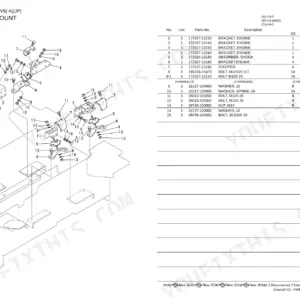 Yanmar V3-5, V4-5A, V5(-A) engine mount exploded view diagram and parts list with brackets, shock absorbers, and hardware.