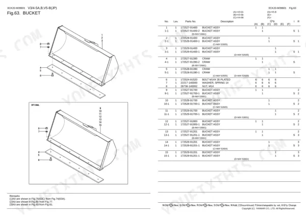 Yanmar V3-5A, V3-5B, V4-5B, V5-B exploded view parts diagram and list for bucket assembly and mounting hardware.