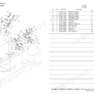 Yanmar V3-5A, V3-5B, V4-5B, V5-B exploded view diagram and parts list for engine mount components and shock absorbers.