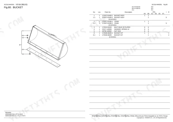 Yanmar V3-5A, V3-5B, V3-5A (US), V3-5B (US), 3TNV84-XKAH bucket assembly exploded view and parts list table.