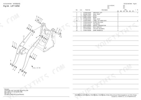 Yanmar V4-5D (US), 4TNV88-NKAH exploded view of lift arm assembly, including bushings, seals, pins, and grease nipples.