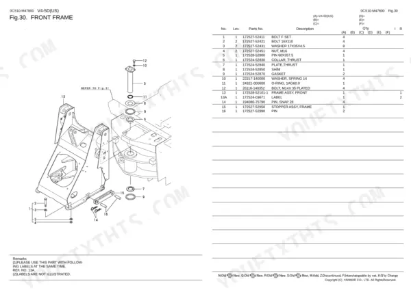 Yanmar V4-5D (US), 4TNV88-NKAH exploded view diagram and parts list for the front frame assembly and components.