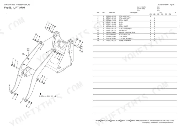 Yanmar V4-5D, V5-D, 4TNV88-NKAH lift arm exploded view diagram and parts list with bushings, seals, and pins.