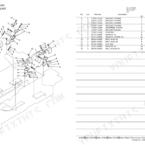 Yanmar V4-5D, V5-D, 4TNV88-NKAH engine mount exploded view diagram and parts list with brackets and shock absorbers.