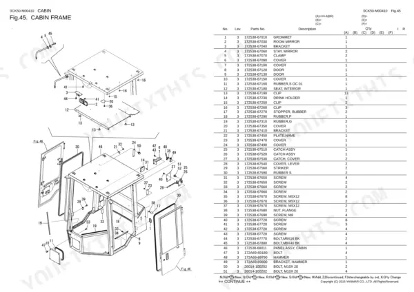 Yanmar V4-6(BR), V4-6 (BR) cabin frame exploded view diagram and parts list with component numbers and descriptions.