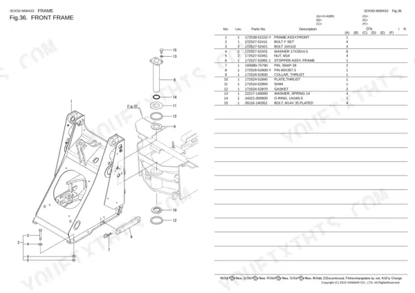 Yanmar V4-6(BR), V4-6 (BR) exploded view of front frame assembly with parts list including bolts, pins, and thrust plates.