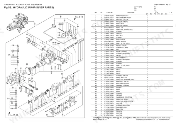 Yanmar V4-6(BR), V4-6 (BR) hydraulic pump inner parts exploded view diagram and corresponding parts list table.