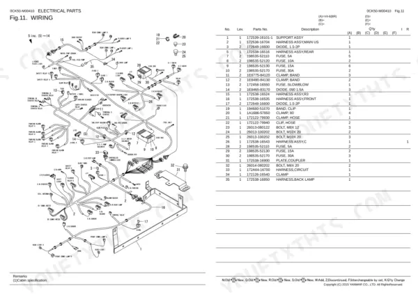 Yanmar V4-6(BR), V4-6 (BR) electrical wiring diagram and parts list for harness, fuses, relays, and lighting components.