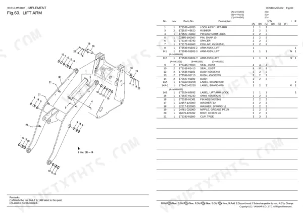 Yanmar V4-6 lift arm exploded view diagram and parts list including pins, bushings, seals, and grease nipples.