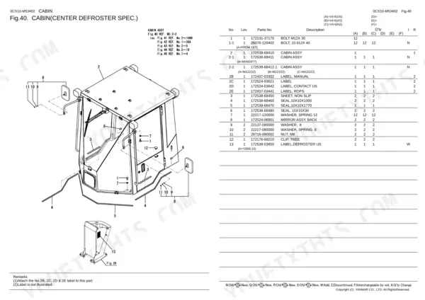 Yanmar V4-6 cabin center defroster parts diagram and list including seals, mirrors, and mounting hardware.