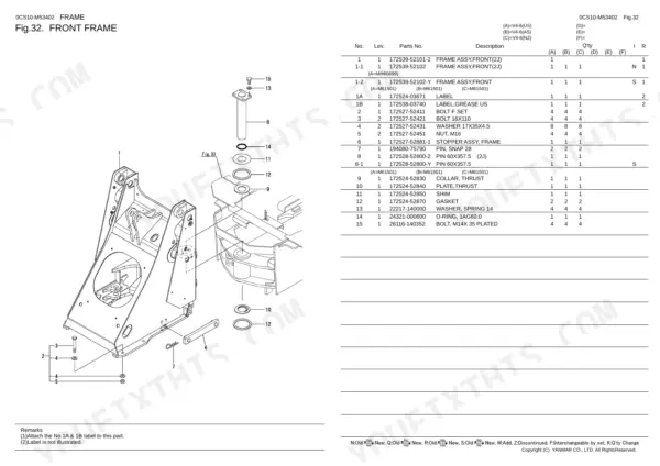 Yanmar V4-6 front frame exploded view diagram and parts list including pins, bolts, washers, and thrust collars.