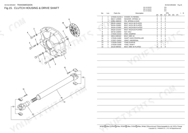 Yanmar V4-6 exploded view of clutch housing, damper disk, and propeller shaft assembly with parts list table.