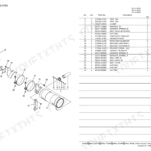Yanmar V4-6 engine silencer exploded view diagram and parts list including exhaust pipe, muffler, brackets, and hardware.