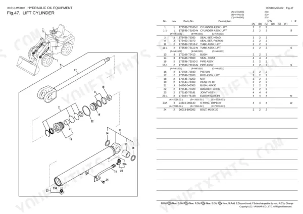 Yanmar V4-6 lift cylinder exploded view diagram and parts list including piston, seals, and rod assembly components.