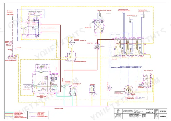 Yanmar V65 hydraulic circuit diagram showing pump, valve bank, steering unit, and travel drive system components.