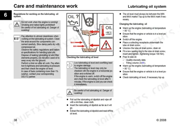 Yanmar V65 lubricating oil system maintenance, oil level check diagram, and oil change procedure instructions.