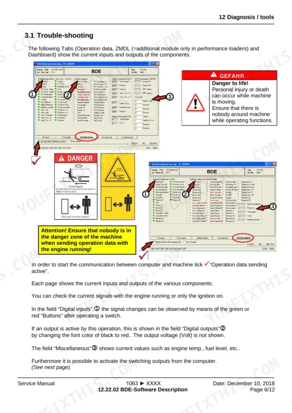 Yanmar V65 troubleshooting guide showing BDE software interface for monitoring digital inputs, outputs, and sensor data.