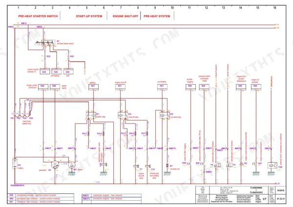 Yanmar V65 wiring diagram showing pre-heat, starter, engine shut-off systems, relays, fuses, and electrical connectors.