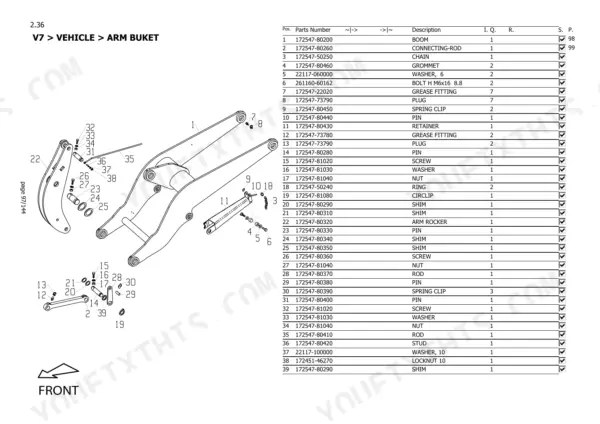 Yanmar V7 exploded view of arm bucket assembly with numbered parts list for boom, connecting rod, and pins.