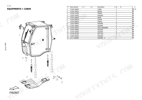 Yanmar V7 cabin exploded view diagram and parts list including cabin, board, screws, washers, and shock absorbers.