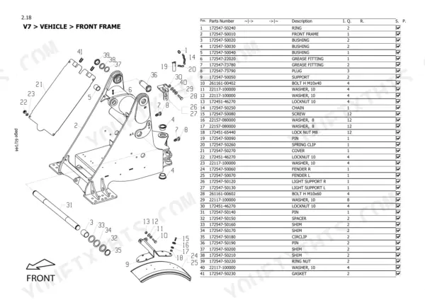 Yanmar V7 exploded view diagram and parts list for the front frame assembly, including pins, bushings, and fenders.
